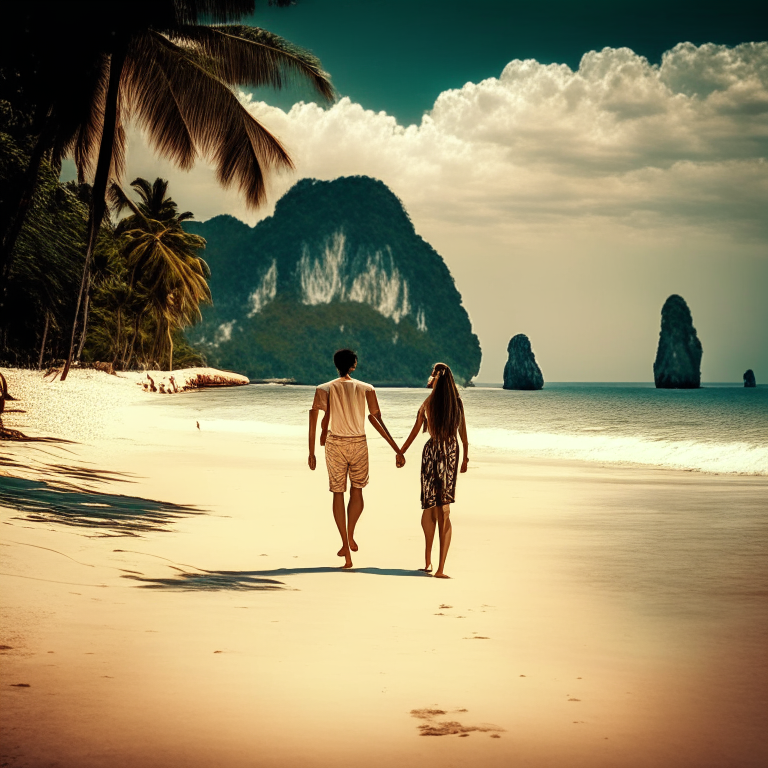 Two lovers walking on a Thai beach