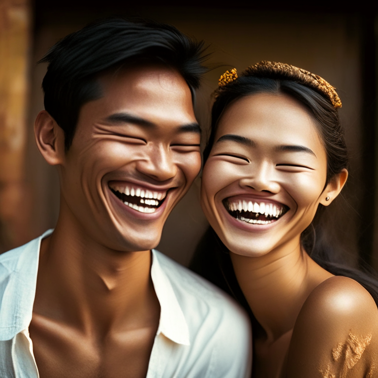 Happy Thai woman smiling with her boyfriend