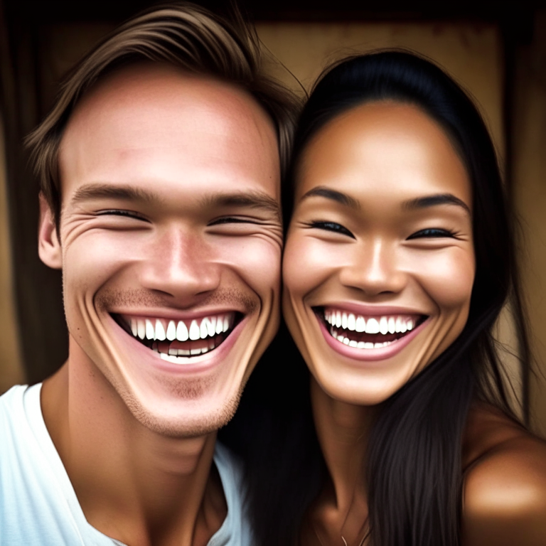 Happy Thai woman smiling with her White
 boy friend