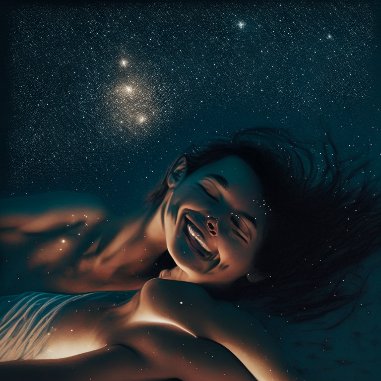 Happy Thai woman laying on the beach with her White
 boy friend on a clear night sky