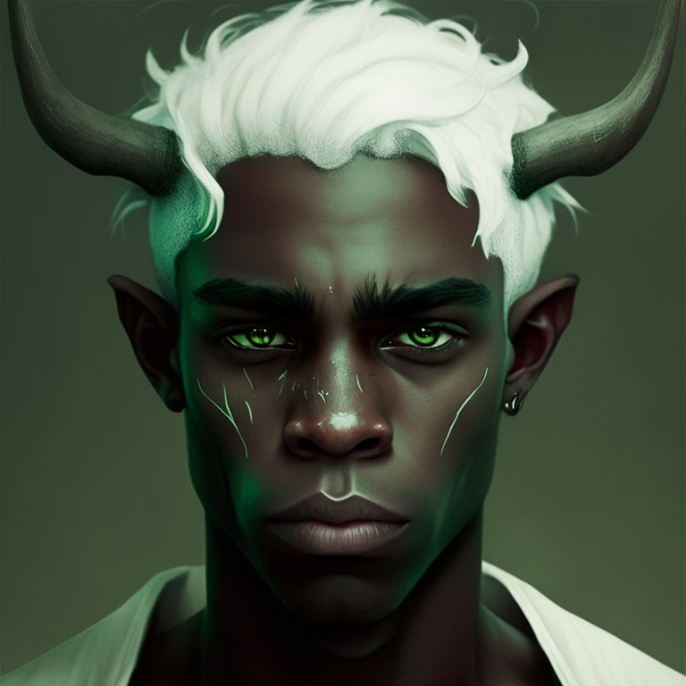 a young guy with white hair, horns, he looks depressed and sad, green eyes, dark skin, he is strong and handsome 
