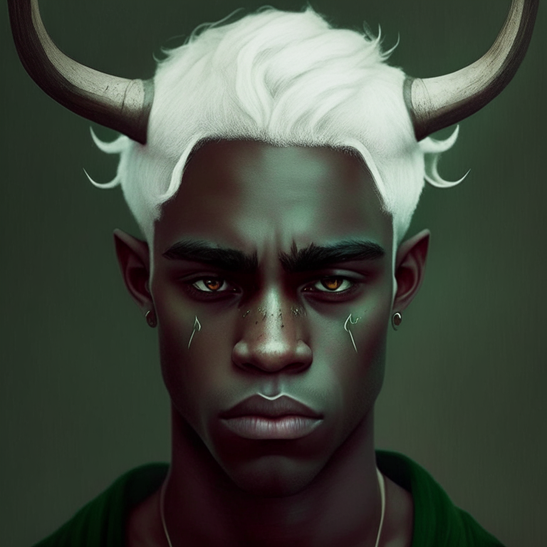 a young guy with white hair, horns, he looks depressed and sad, green eyes, dark skin, he is strong and handsome 