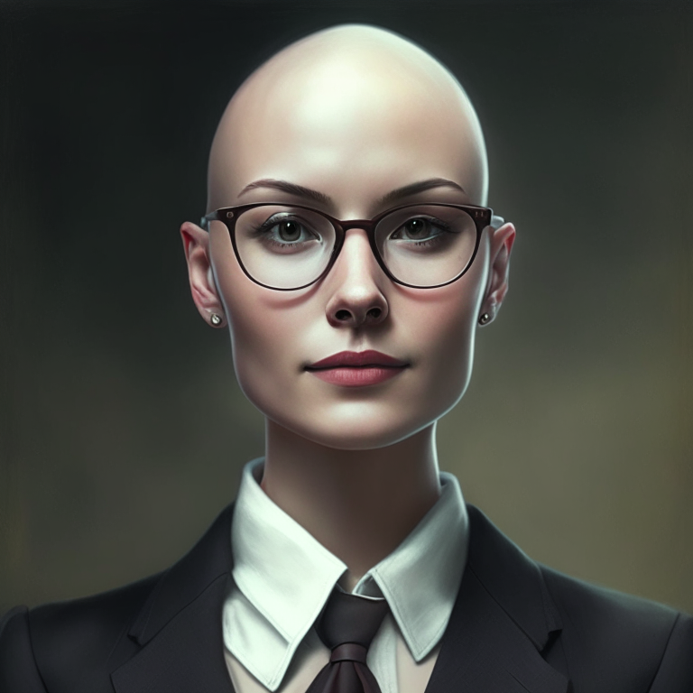 A young woman, she is bald, with glasses, with a suit