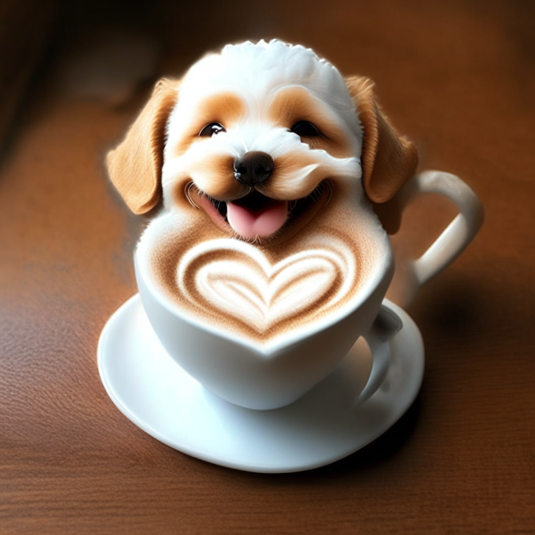 a happy puppy drinking a latte with heart-shaped foam art