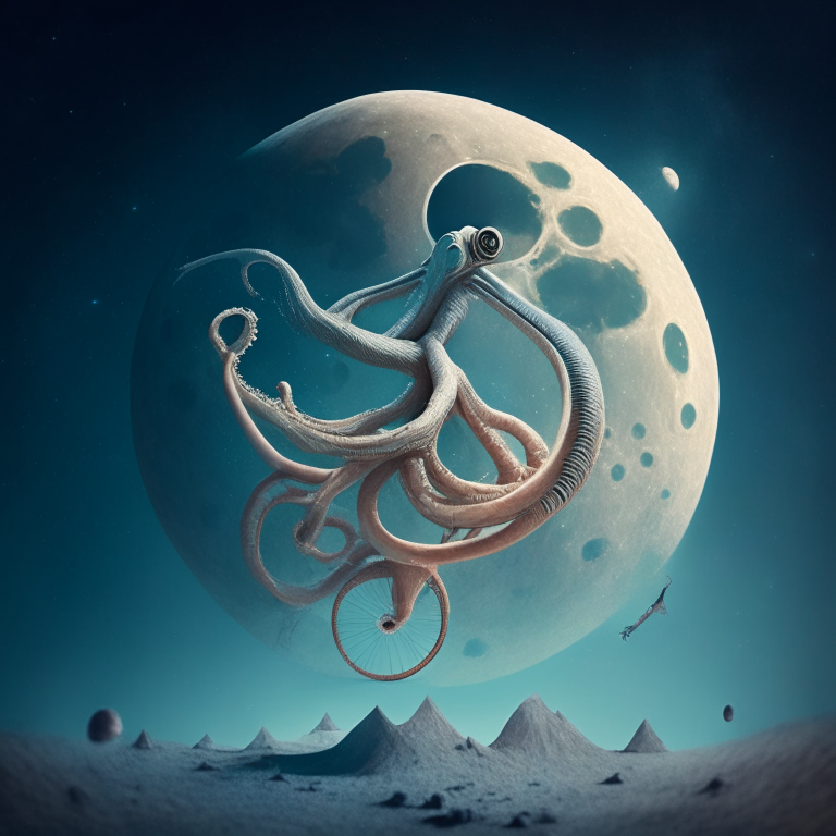 a giant squid riding a unicycle on the moon, surreal, 4k