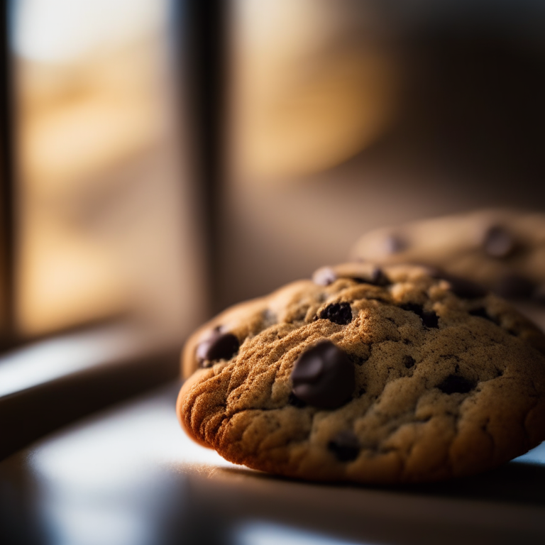 Fresh-baked gluten-free chocolate chip cookies, lit by window, hyper-detailed close-up, not a spot out of focus, filling the lens