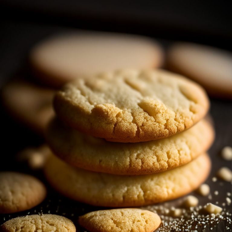 Almond flour shortbread cookies, baked to perfection, overhead softbox lighting, every detail in sharp focus, filling the frame