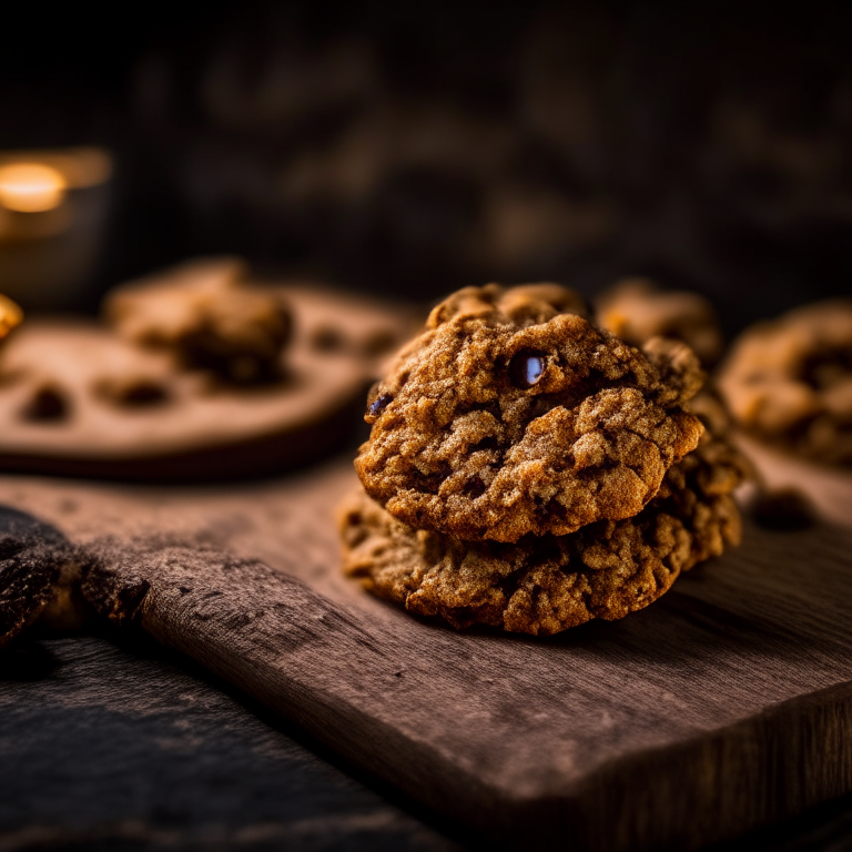 Gluten-free oatmeal raisin cookies on a wooden cutting board, lit by softbox studio lights, macro photo with perfect clarity, every raisin, oat and crinkle in sharp focus