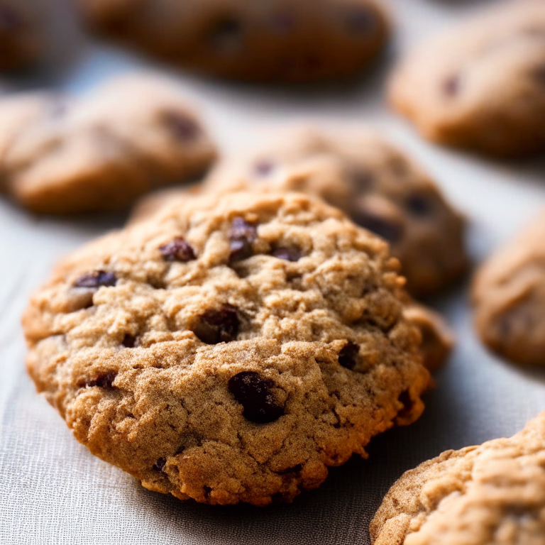 Fresh baked gluten-free oatmeal raisin cookies, lit by bright window light, hyper detailed closeup, razor sharp focus on every nook and cranny, minimizing distractions