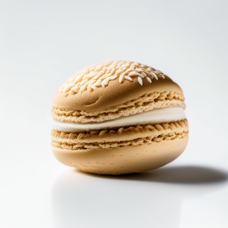 A coconut macaron on a white background, lit by softbox studio lighting, hyper detailed closeup with every nook and cranny in perfect focus, 4k ultra-high definition