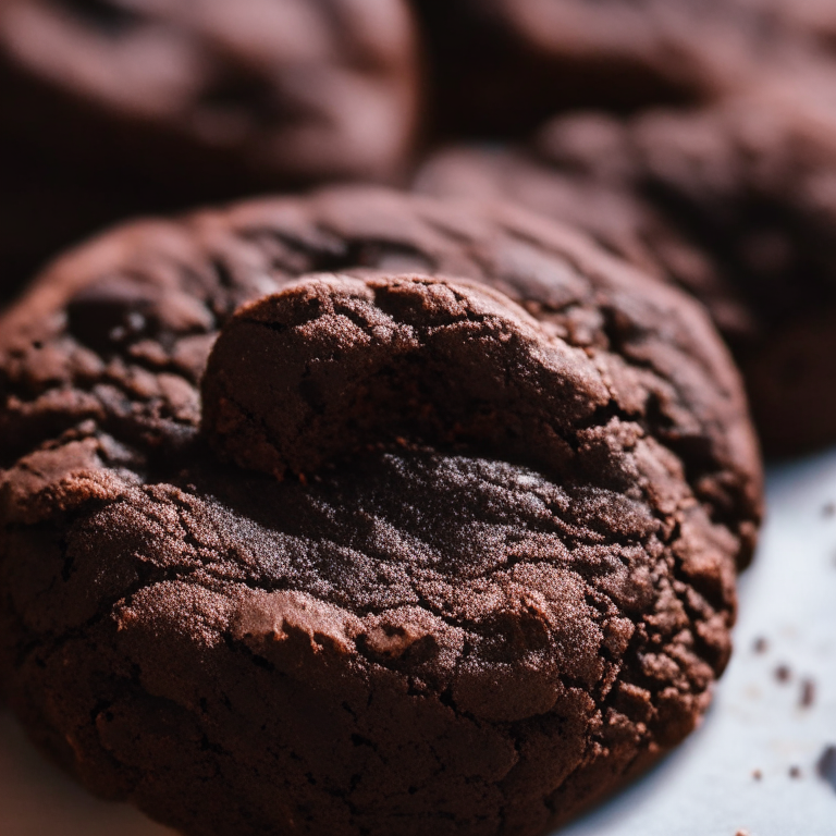 Fresh baked gluten-free double chocolate cookies, lit by bright window light, hyper detailed closeup, razor sharp focus on every nook and cranny, minimizing distractions