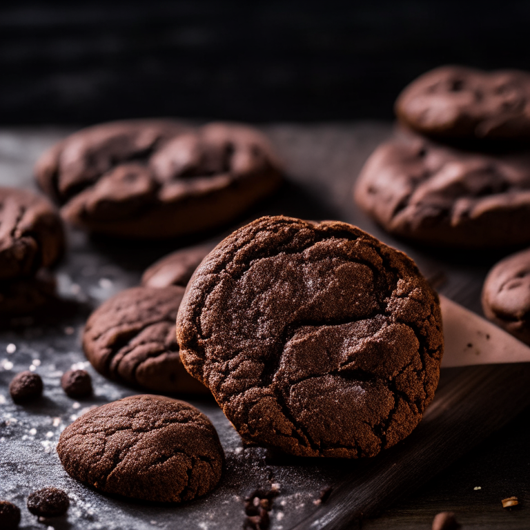 Gluten-free double chocolate cookies on a wooden cutting board, lit by softbox studio lights, macro photo with perfect clarity, every chocolate chunk and crinkle in sharp focus