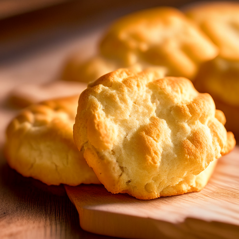 Gluten-free buttermilk biscuits on a wooden cutting board, lit by bright window light, macro photo with perfect clarity, every ridge and dimple in sharp focus