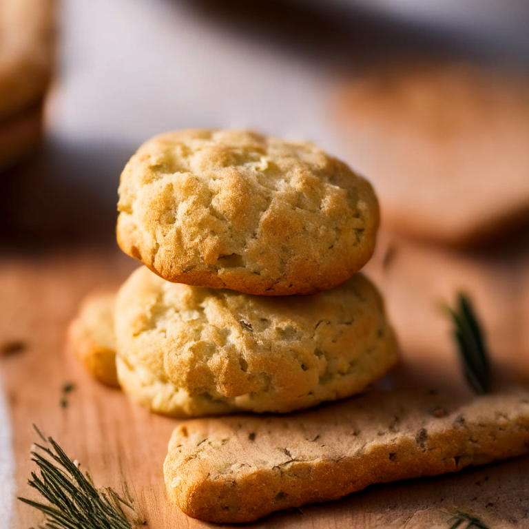 Rosemary parmesan biscuits (gluten-free) on a wooden cutting board, lit by bright window light, macro photo with perfect clarity, every ridge and dimple in sharp focus