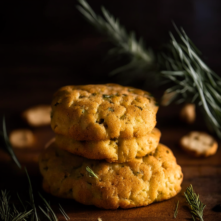 Rosemary parmesan biscuits (gluten-free) on a white plate, lit by softbox studio lights, photo has razor-sharp focus on every detail of the biscuits, gluten-free