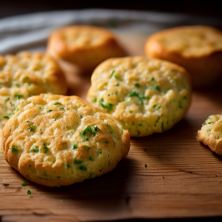 Garlic and chive biscuits (gluten-free) on a wooden cutting board, lit by bright window light, macro photo with perfect clarity, every ridge and dimple in sharp focus