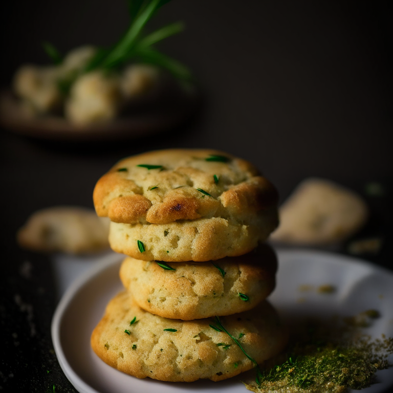 Garlic and chive biscuits (gluten-free) on a white plate, lit by softbox studio lights, photo has razor-sharp focus on every detail of the biscuits, gluten-free