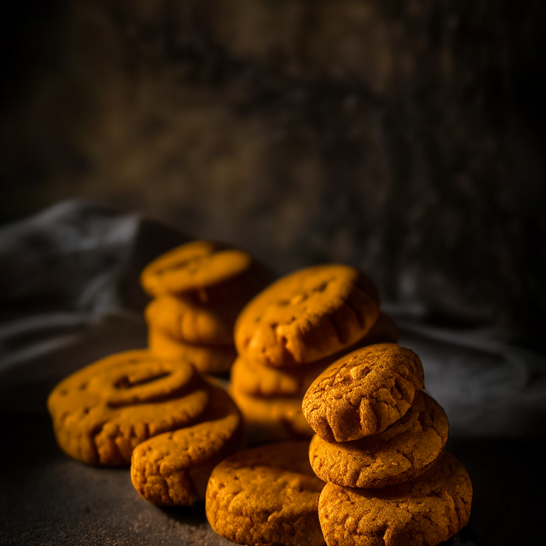 Pumpkin biscuits (gluten-free) filling the frame, lit by softbox studio lighting, every nook and cranny in hyperfocused razor sharpness