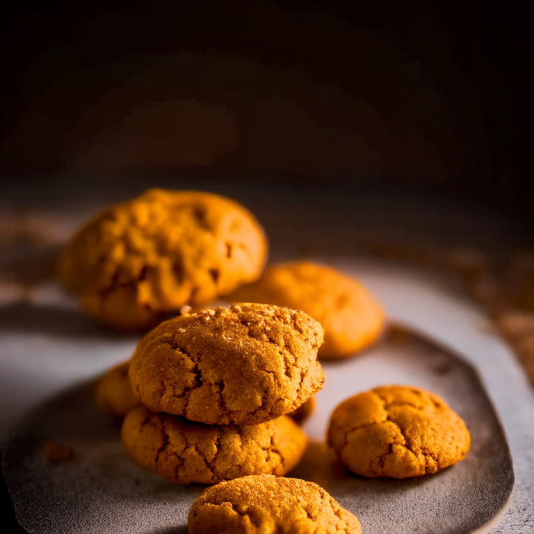 Pumpkin biscuits (gluten-free) on a white plate, lit by softbox studio lights, photo has razor-sharp focus on every detail of the biscuits, gluten-free