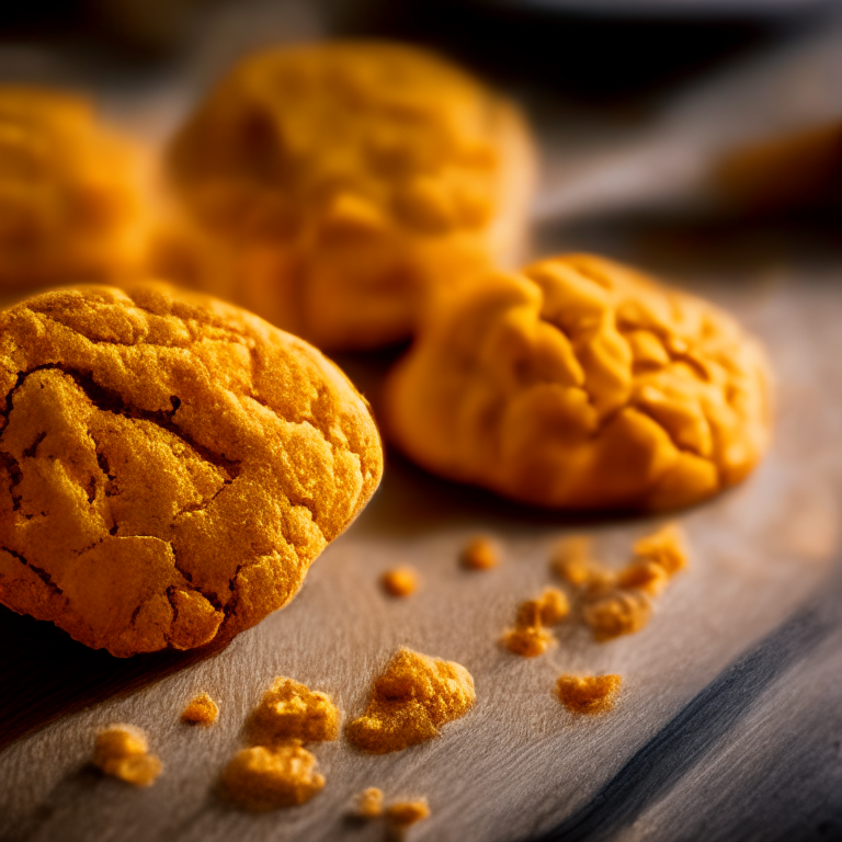 Pumpkin biscuits (gluten-free) on a wooden cutting board, lit by bright window light, macro photo with perfect clarity, every ridge and dimple in sharp focus