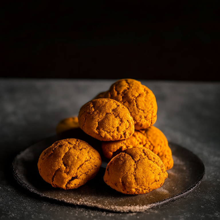 Pumpkin biscuits (gluten-free) on a white plate, lit by softbox studio lights, photo has razor-sharp focus on every detail of the biscuits, gluten-free