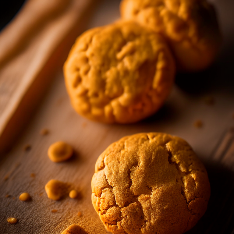 Pumpkin biscuits (gluten-free) on a wooden cutting board, lit by bright window light, macro photo with perfect clarity, every ridge and dimple in sharp focus