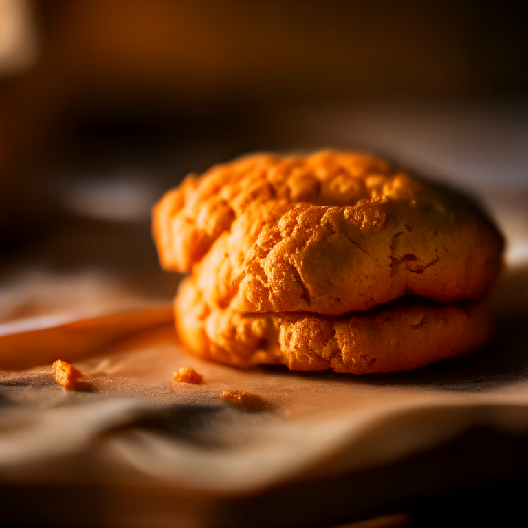 Sweet potato biscuits on a wooden cutting board, lit by bright window light, macro photo with perfect clarity, every ridge and dimple in sharp focus