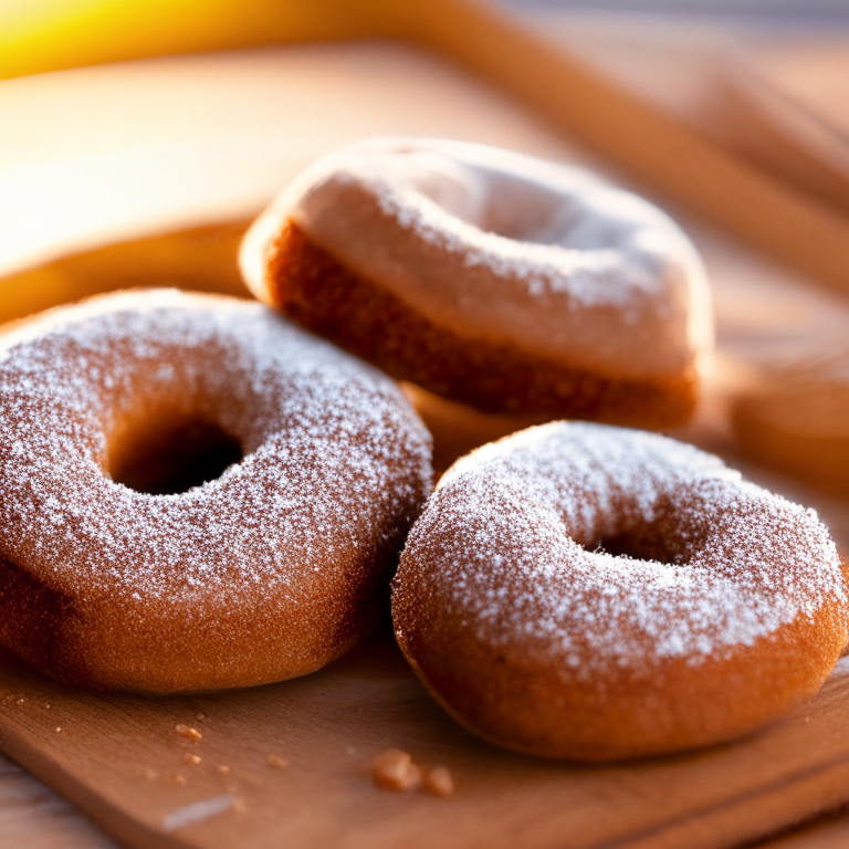 Gluten-free cinnamon sugar doughnuts on a wooden cutting board, lit by bright window light, macro photo with perfect clarity, every ridge and crease in sharp focus