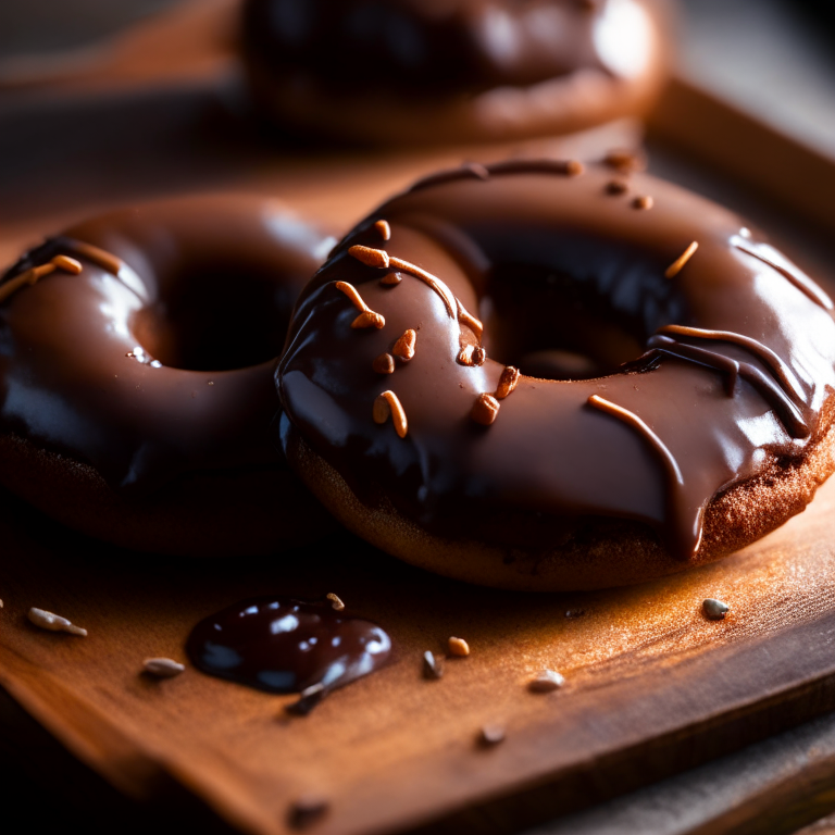 Gluten-free chocolate glazed doughnuts on a wooden cutting board, lit by natural window light, macro photo with perfect clarity, every ridge and crease in razor-sharp focus