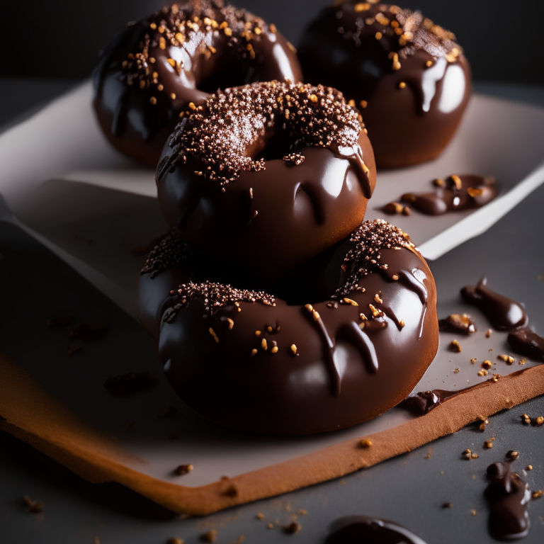 Gluten-free chocolate glazed doughnuts on a white plate, lit by softbox studio lights, photo has razor-sharp focus on every detail of the doughnuts, gluten-free