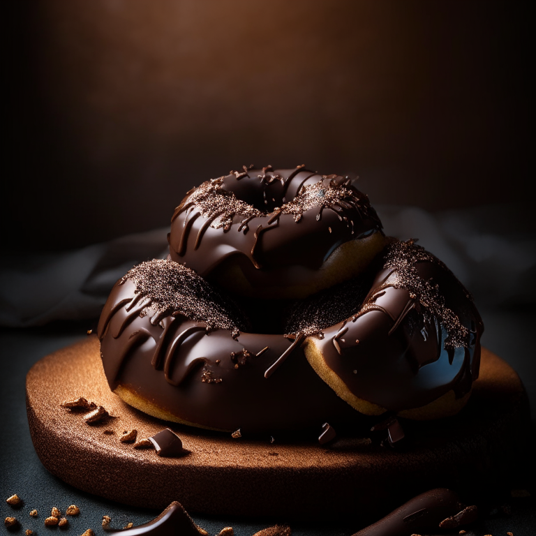 Gluten-free chocolate glazed doughnuts filling the frame, lit by softbox studio lighting, every nook and cranny in hyperfocused razor sharpness, gluten-free