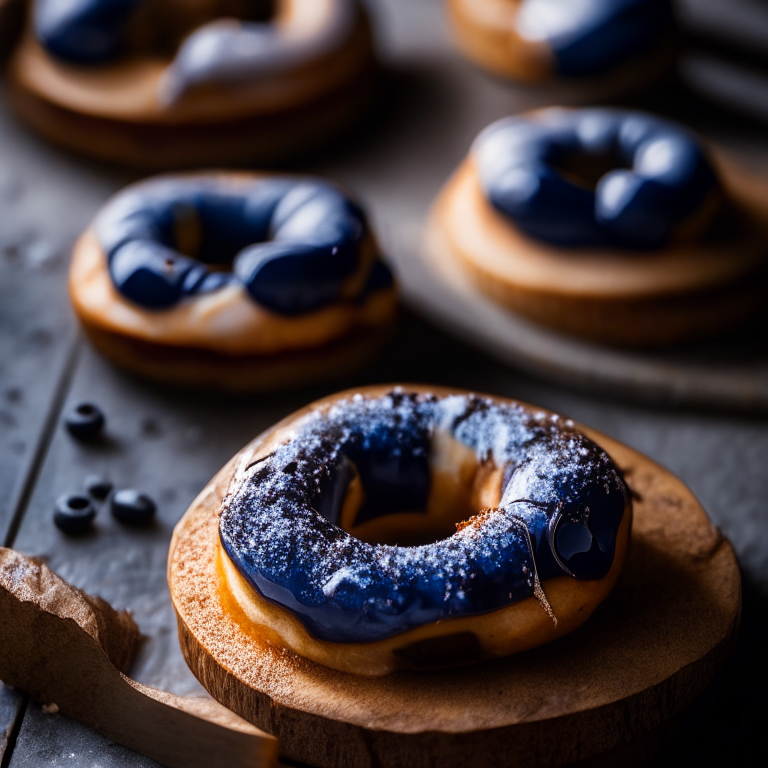 Gluten-free blueberry glazed doughnuts on a wooden cutting board, lit by natural window light, macro photo with perfect clarity, every ridge and crease in razor-sharp focus