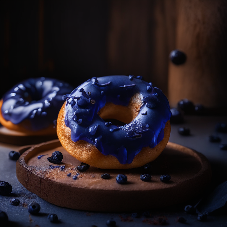 Gluten-free blueberry glazed doughnuts filling the frame, lit by softbox studio lighting, every nook and cranny in hyperfocused razor sharpness, gluten-free