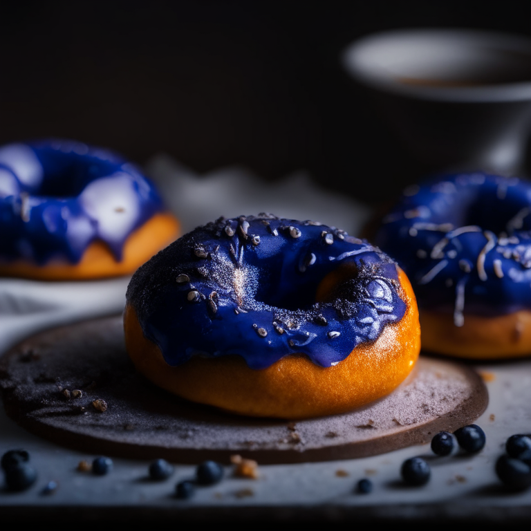 Gluten-free blueberry glazed doughnuts on a white plate, lit by softbox studio lights, photo has razor-sharp focus on every detail of the doughnuts, gluten-free