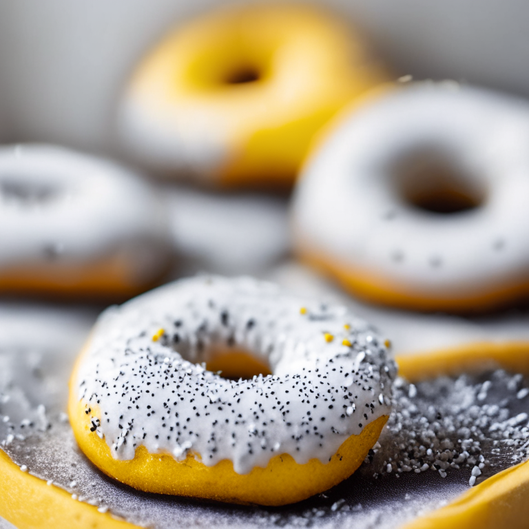 Lemon poppy seed doughnuts (gluten-free) lit by natural window light, macro photo with perfect clarity, every ridge and crease in razor-sharp focus