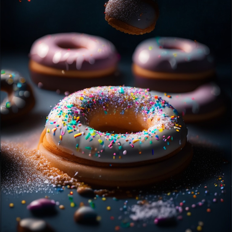 Vanilla sprinkle doughnuts (gluten-free) filling the frame, lit by softbox studio lighting, every nook and cranny in hyperfocused razor sharpness, gluten-free