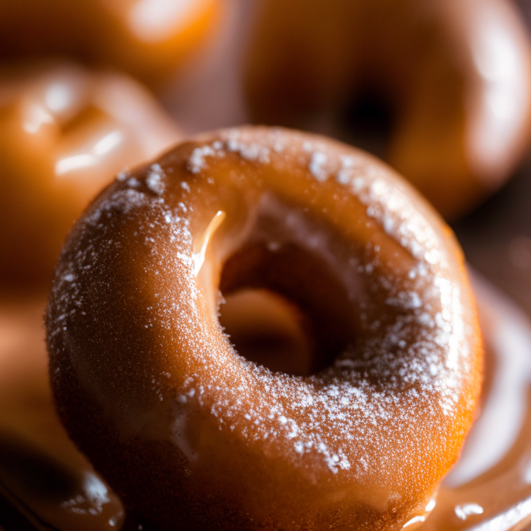 Apple cider doughnuts (gluten-free) lit by overhead lamp, close-up showcasing glaze dripping down, razor-sharp focus on every detail