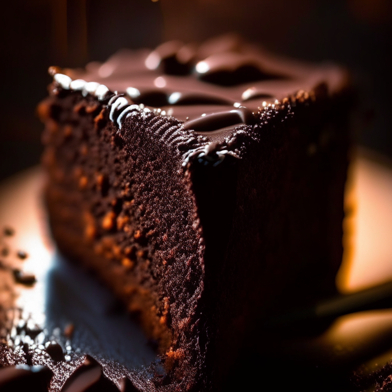 Flourless chocolate cake lit by overhead lamp, close-up showcasing texture, razor-sharp focus on every detail, 16k