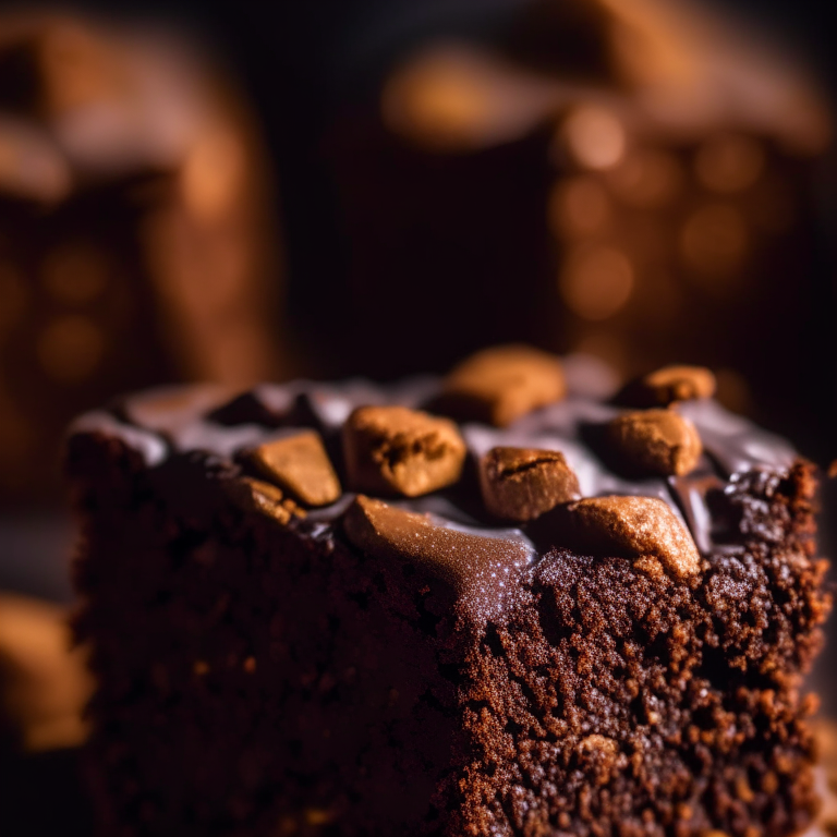 Almond flour brownies lit by overhead lamp, close-up of fudgy texture in every nook and cranny in razor-sharp focus, 16k