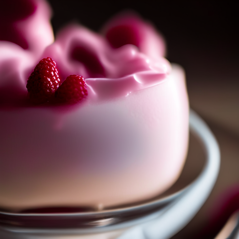 Raspberry coconut panna cotta lit by overhead lamp, close-up of wobbly texture in every nook and cranny in razor-sharp focus, 16k