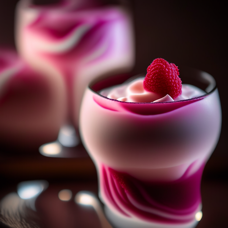 Raspberry coconut panna cotta lit by window light, macro photo showcasing raspberry swirls in perfect clarity, 8k