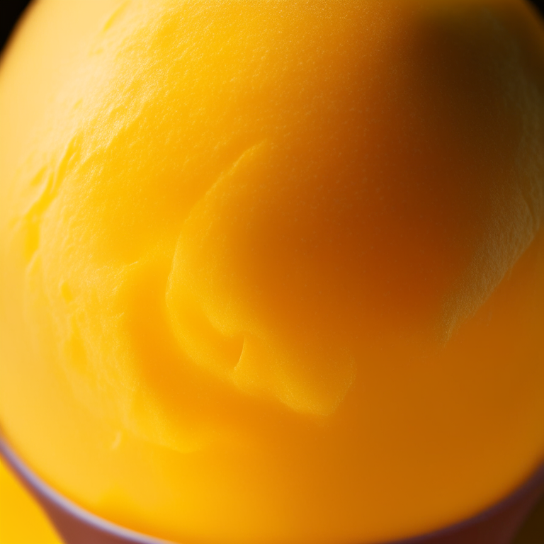 Mango sorbet lit by overhead lamp, close-up of wobbly texture in every nook and cranny in razor-sharp focus, 16k