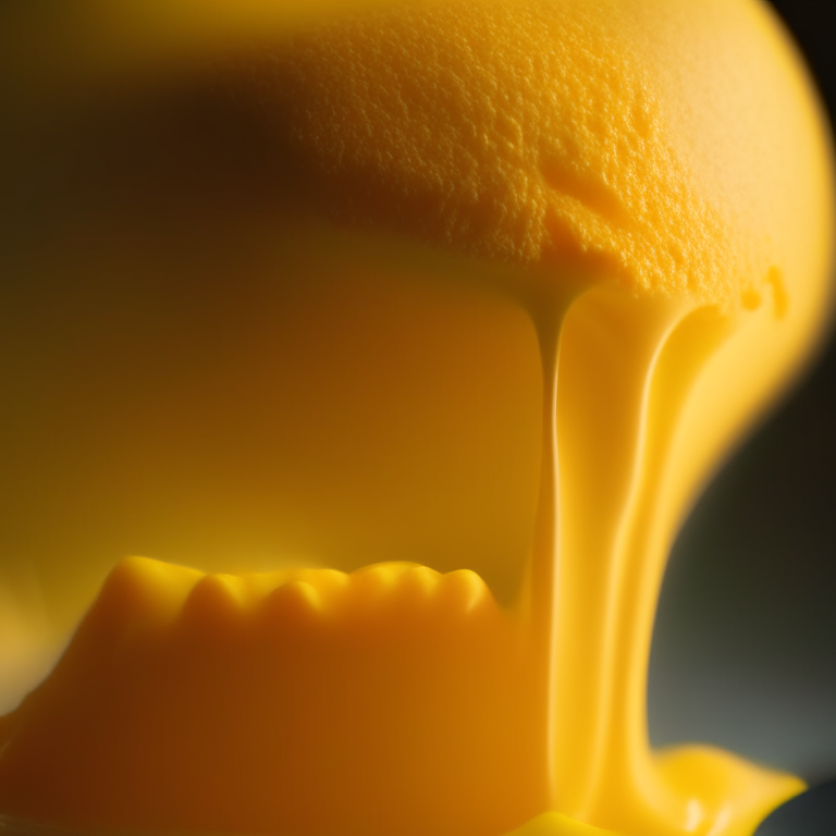 Zoomed in shot of mango sorbet filling the frame, lit by softbox studio lighting, every scoop in hyper-focused detail, 8k