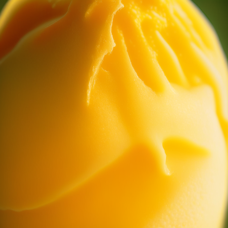 Mango sorbet lit by overhead lamp, close-up of wobbly texture in every nook and cranny in razor-sharp focus, 16k