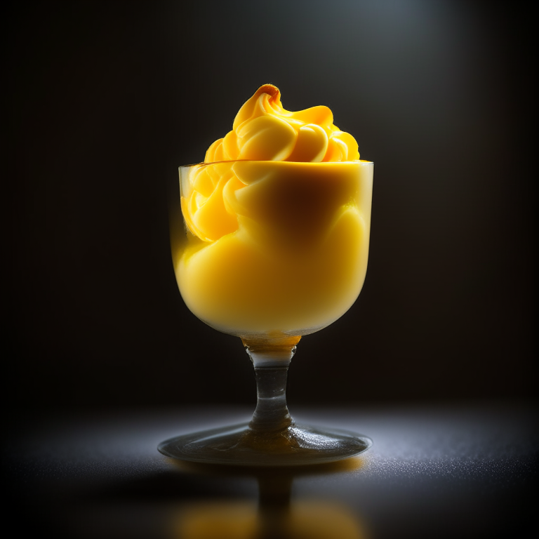 Mango sorbet in a transparent glass cup on a dark background, lit by window light, macro photo showcasing swirls of sorbet in perfect clarity through the transparency, 16k