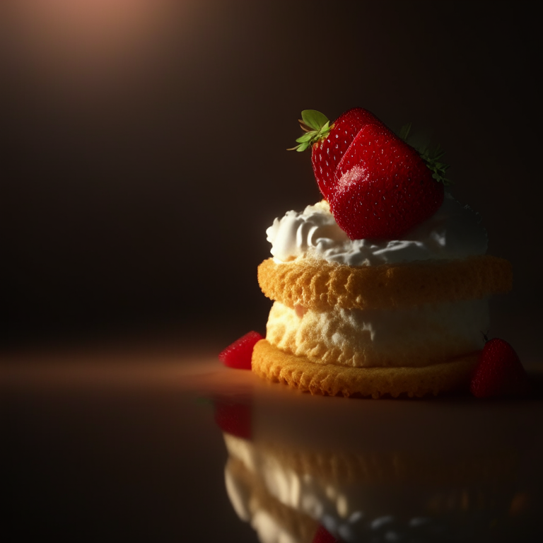 Gluten-free strawberry shortcake filling the frame, lit by overhead lamp, every strawberry and biscuit texture in perfect clarity, 4k