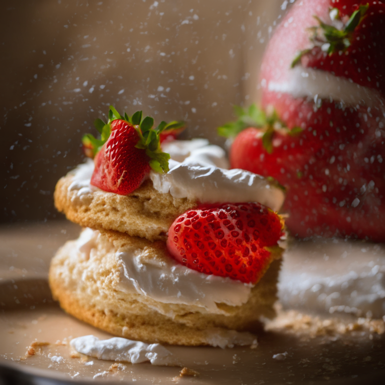 Gluten-free strawberry shortcake filling the frame, lit by natural light from a window, every strawberry and biscuit in perfect razor-sharp focus, 16k