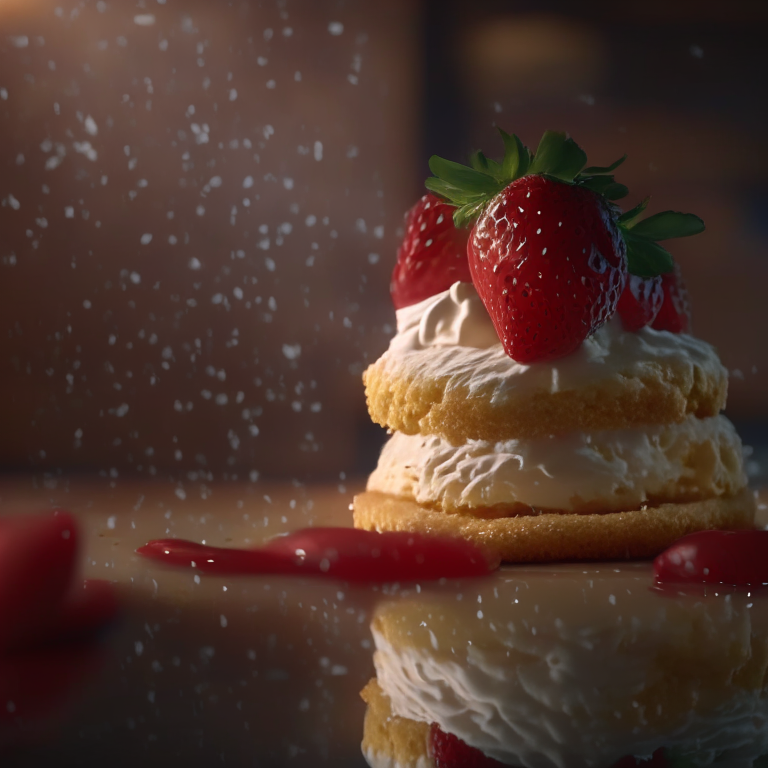 Gluten-free strawberry shortcake filling the frame, lit by overhead lamp, every strawberry and biscuit texture in perfect razor-sharp focus, 4k