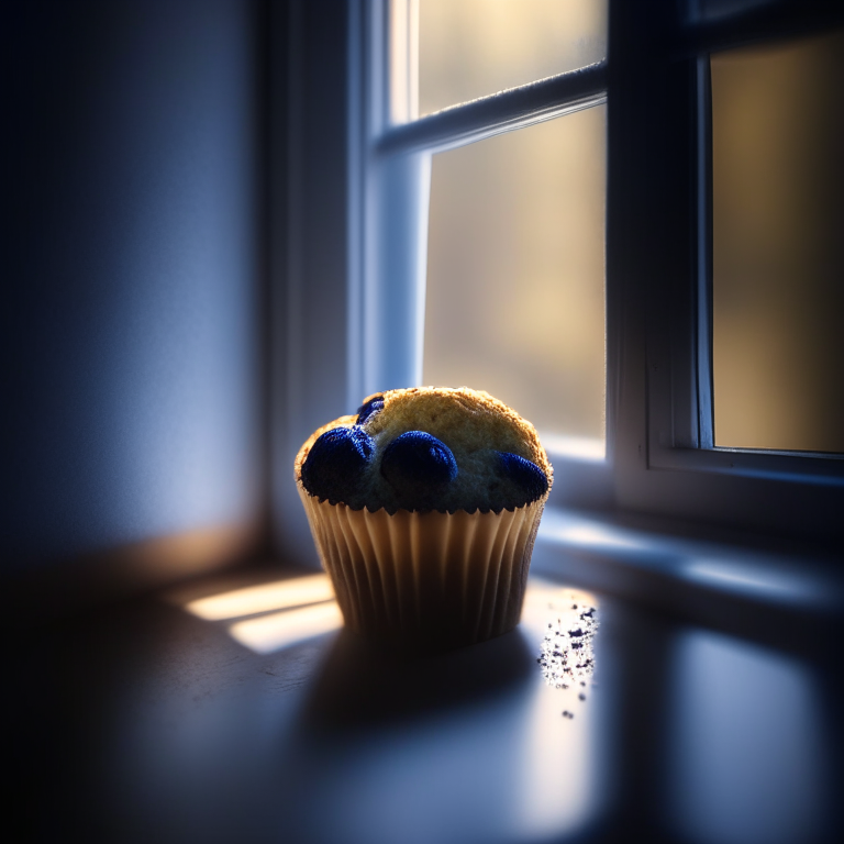 A blueberry muffin filling the frame, lit by natural light from a window, every nook and cranny in perfect razor-sharp focus, 16k