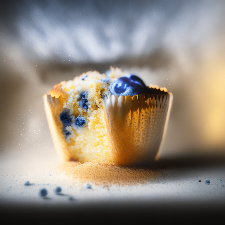 A blueberry muffin filling the frame, lit by softbox studio lighting, every crumb and crevice in perfect razor-sharp focus, 8k